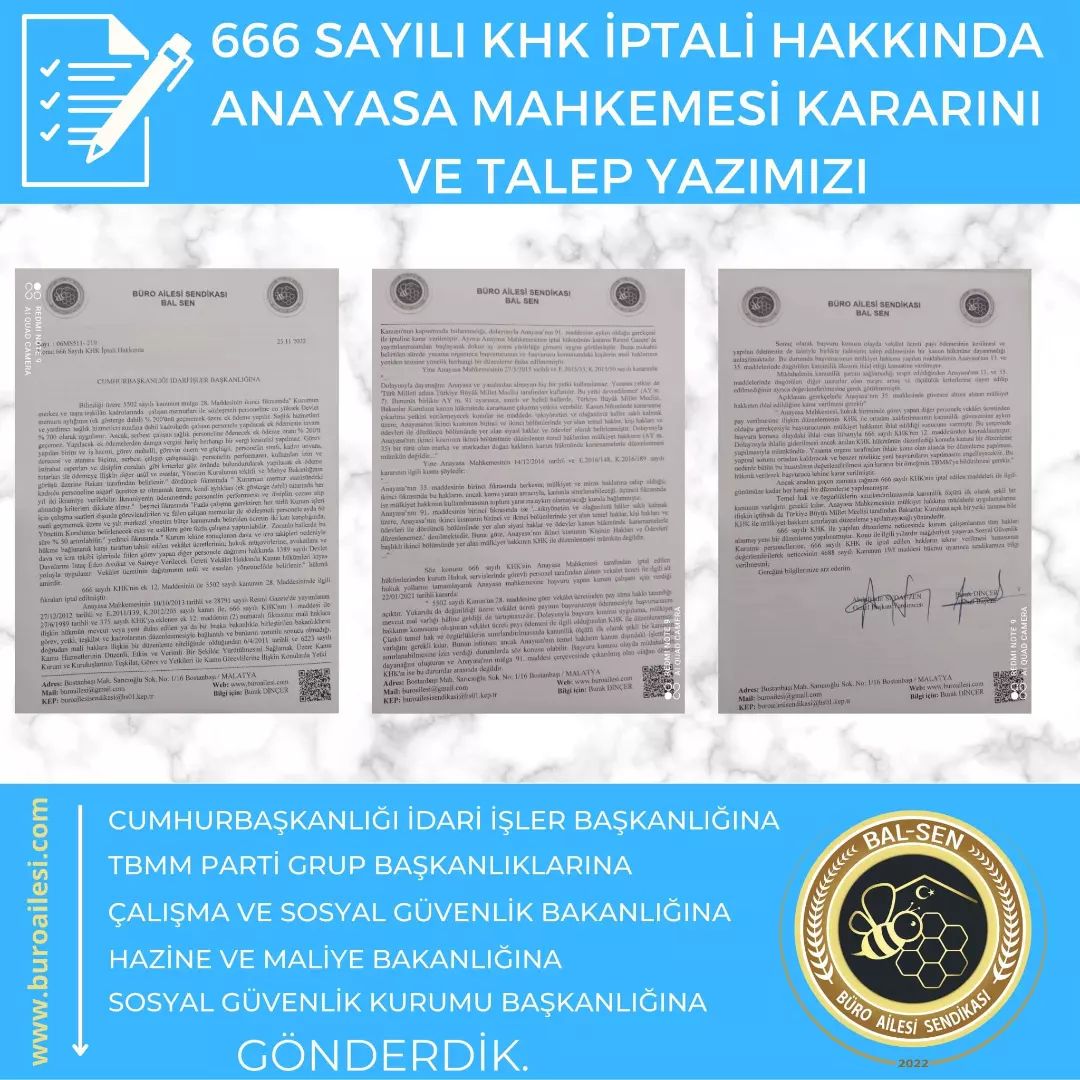 666 Sayılı KHK ile ilgili Cumhurbaşkanlığı Dahil Talep Yazılarımızı yazdık